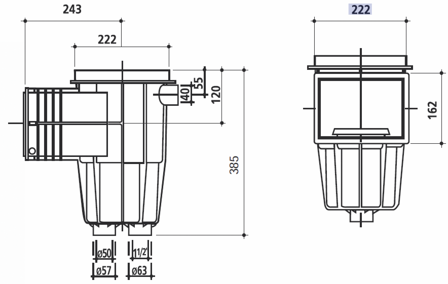 Скиммер Gemas 222х162мм 1 1/2" ВР с квадратной крышкой без декор. рамки (плитка) (04111FW)